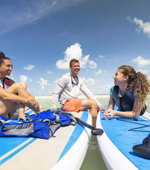 Family sitting on paddleboards on the beach